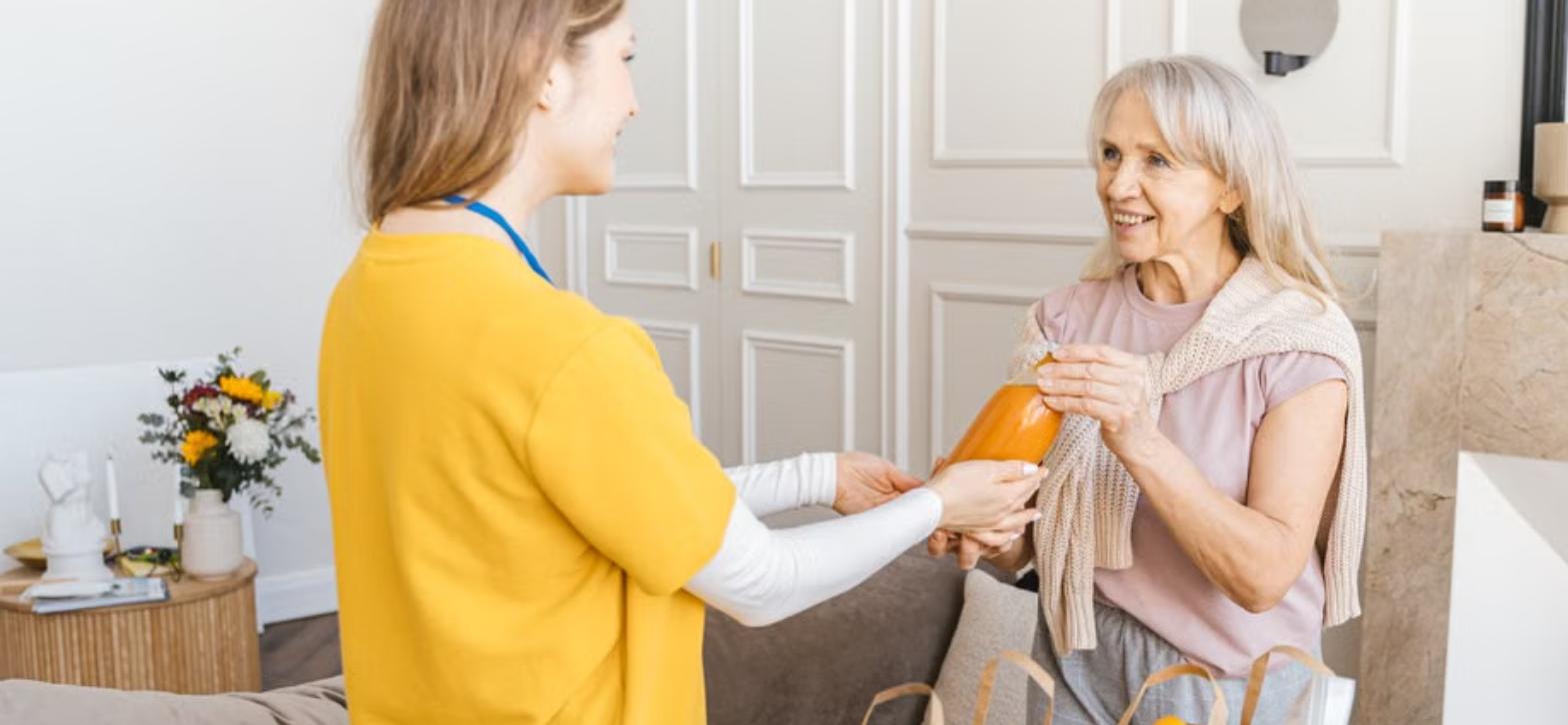 Caregiver helping senior woman with groceries at home - domestic care support